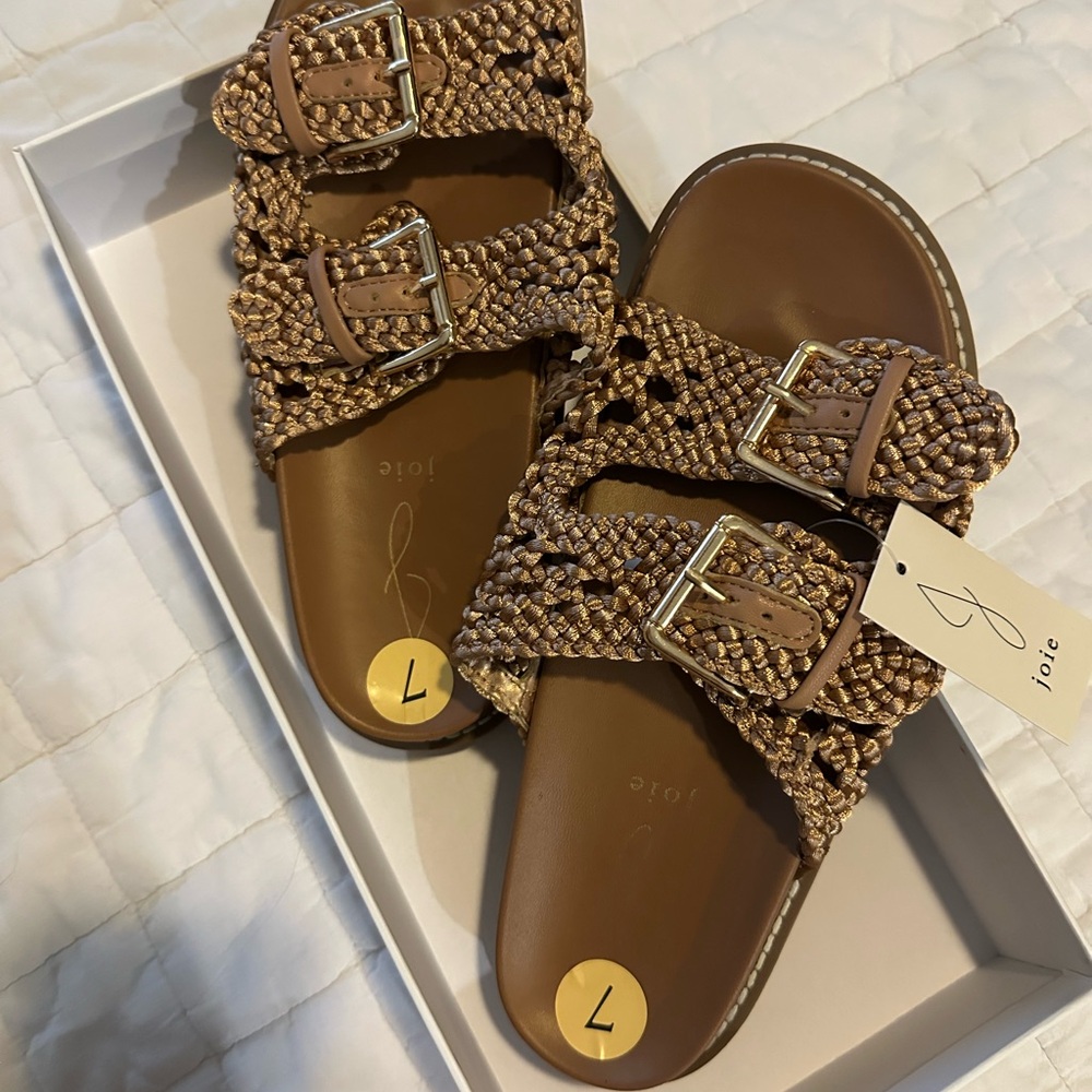 Joie Tan Braided Sandals with Gold Buckles